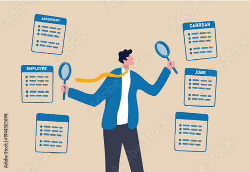 Job seeking, search for new career and opportunity, looking for employment and job vacancy concept, smart businessman using magnifying glass in both hands searching for new hiring career.