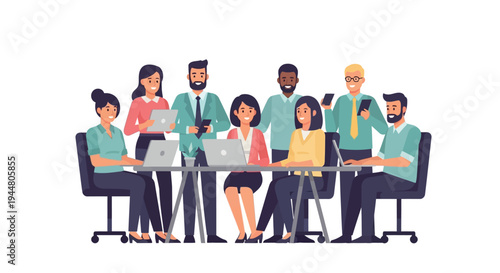 A group of diverse business professionals collaborating with laptops in a meeting.