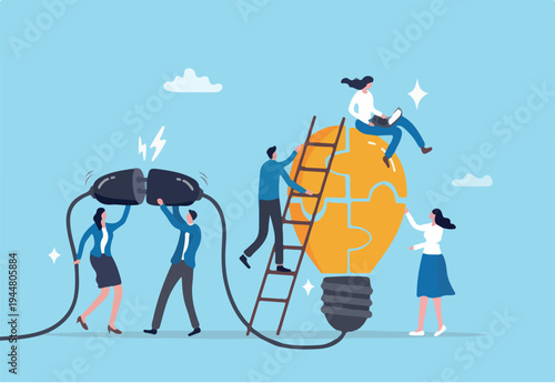 Company culture, teamwork or collaboration for success, colleague or employee engagement, collaboration or cooperate synergy for business growth concept, business people help building lightbulb