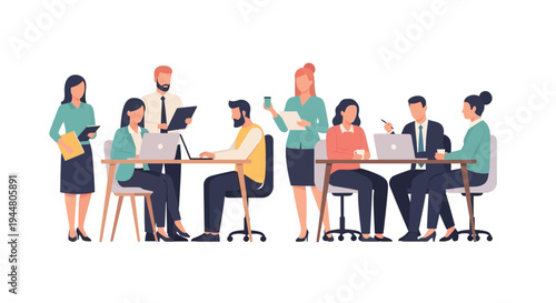 Business people gather around a meeting table with laptops and documents in office