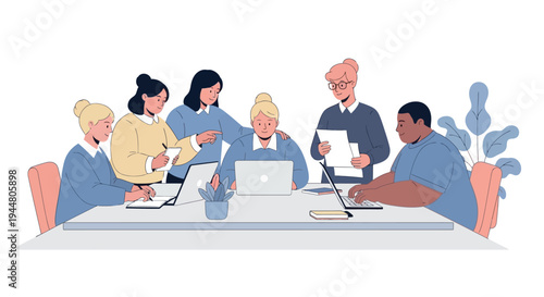 A diverse group of colleagues collaborates on a project with laptops and documents in a meeting room.