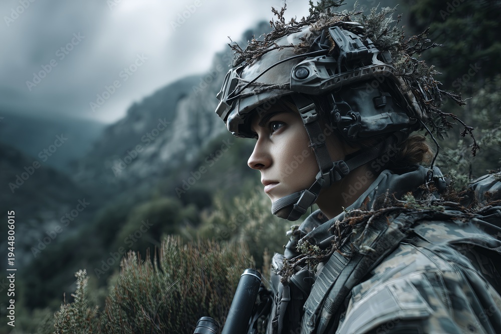 Obraz premium A woman, female soldier in full tactical gear stands alert amid rocky terrain—stealthy and resolute. The misty mountains backdrop evokes vigilance, duty, and quiet strength.
