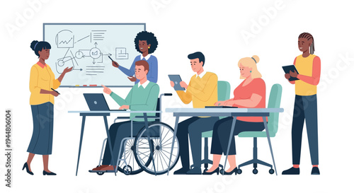 Diverse group of people collaborating on a project in a meeting room with a whiteboard and laptops