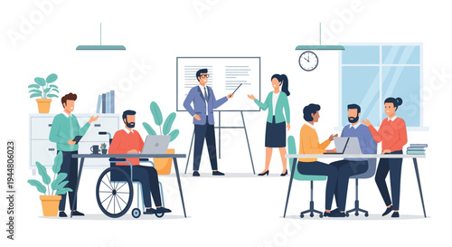 A diverse group of coworkers collaborates in an office setting with a presentation.