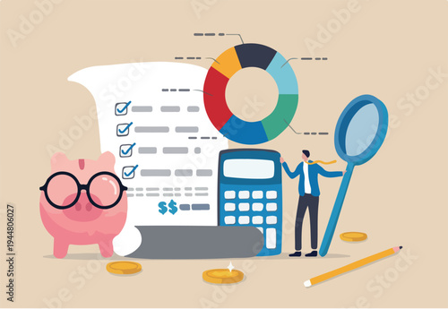 Budget planning or income management, spending and expense report or investment balance sheet, debt calculation and analysis, businessman with magnifier planning budget with calculator