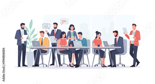 A diverse group of business professionals engaged in a meeting at a conference table with laptops and papers in a modern office setting.