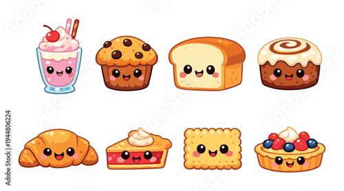 Bakery sweets and milkshake characters on warm background