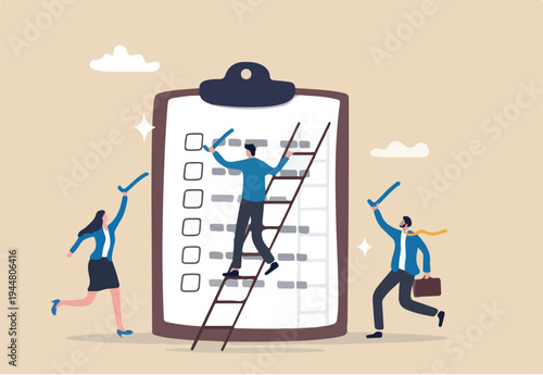 Finishing todo list, work checklist or accomplishment, project management, teamwork to get work done, complete plan concept, businessman coworkers help put checkmark on checkbox task list