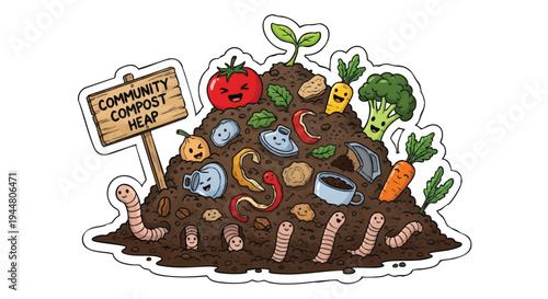 Community compost heap with worms and vegetables