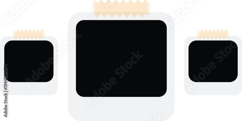 Three blank instant film photo frames with adhesive tape on the top for custom images.