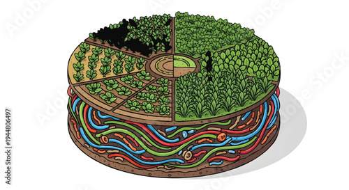 Earth layers and ecology concept with green forest and farm on top