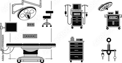 Various surgical tools and operating room machinery are arranged for medical procedure planning in a monochrome outline style.