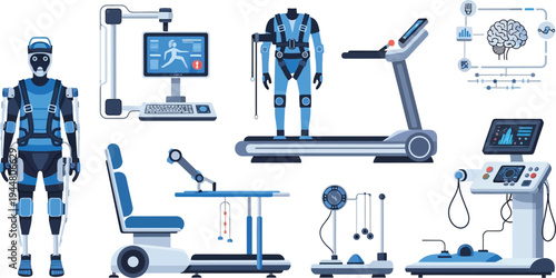Exoskeleton robots and physical therapy equipment for human rehabilitation are displayed with a brain interface diagram.