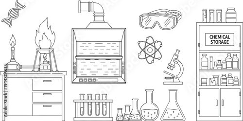 Laboratory workstation features a Bunsen burner, fume hood, microscope, and chemical storage cabinet with glassware present.