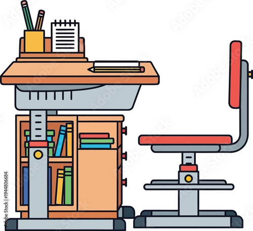 An adjustable ergonomic children's desk with built-in storage shelves is paired with a matching red and gray swivel chair.