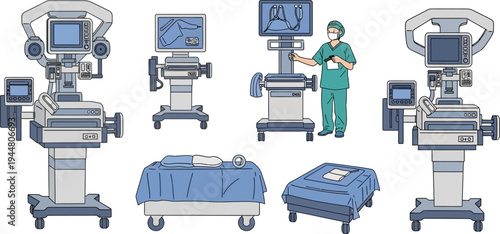 Multiple intensive care monitoring machines and patient beds are displayed alongside a medical professional reviewing data in a clinical setting.