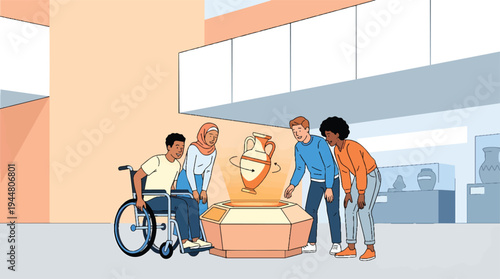 Diverse group of friends exploring an ancient artifact in a museum.