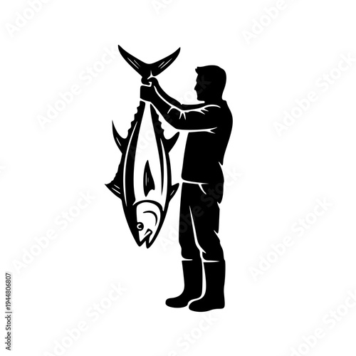 Fisherman Holding Large Fish Silhouette Vector Icon Catch Seafood Outdoor
