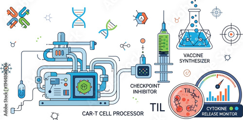 A complex laboratory machine processes cells with tubing, connected to a syringe labeled for checkpoint inhibitor and a flask for vaccine synthesizer.