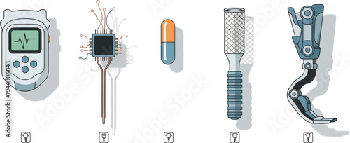 Various medical and electronic devices, including a monitor, microchip, capsule, foot file, and prosthetic leg, represent healthcare technology concepts.
