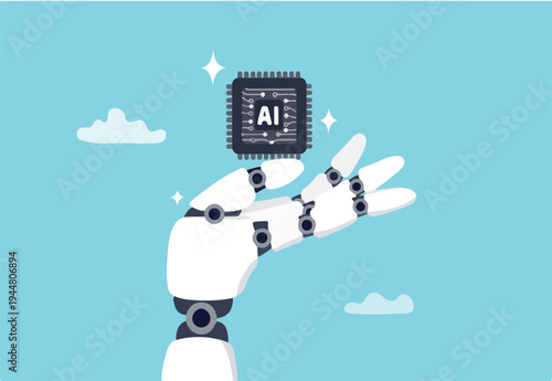 Generative AI artificial intelligence to generate output or answer question in automatic chat, deep learning or machine learning technology concept, robotic hand hold processor chip with the