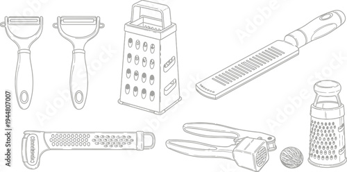 Various kitchen graters and peelers are depicted in a simple outline drawing against a white background.