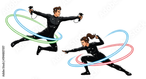 Two people jumping with colorful hula hoops in black outfits