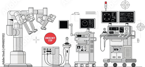 Advanced robotic surgery system featuring articulated manipulator arms and dual control monitors for precise medical intervention.