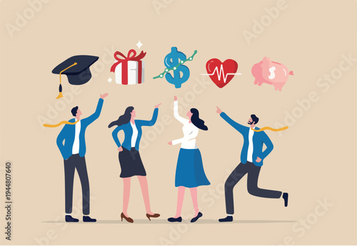 Employee benefits and compensation for staff advantage, reward or bonus payment to motivate employee concept, business people with benefits, scholarship, bonus, salary increase and health