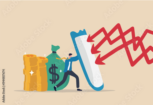 Financial security, money loss or wealth protection, defense from cyber attack or economic recession concept, strong businessman holding shield to protect from red arrow attacking financial.