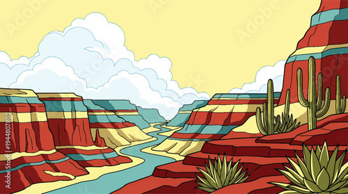 Vibrant cartoon illustration of a majestic canyon with a winding river.