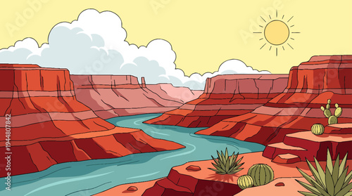 Grand Canyon landscape with a river flowing through the red rock formations.