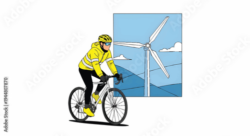 Cyclist riding bike past wind turbine renewable energy