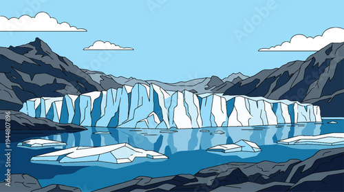 Massive Glacier Floating in Water with Smaller Icebergs.