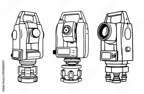 Surveyor's total station icon set with geometric shapes and consistent stroke width featuring engineering, land surveying, construction with measurement and precision