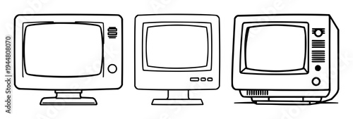Computer monitor set with geometric vector icon with retro 1980s style and consistent stroke width featuring classic design, retro tech, icon with bold outlines and white background