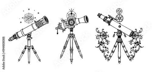 Telescope set with ornate Victorian line art featuring telescope, celestial ornaments, antique science aesthetic with black ink and white background