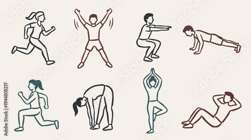 A set of quick, simple, and loose hand-drawn doodle vector illustrations depicting various exercises and fitness activities in a minimalist style