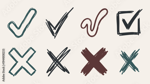 Collection of quick simple loose doodle checkmark and cross symbols, hand-drawn vector illustrations for various UI and checklist designs