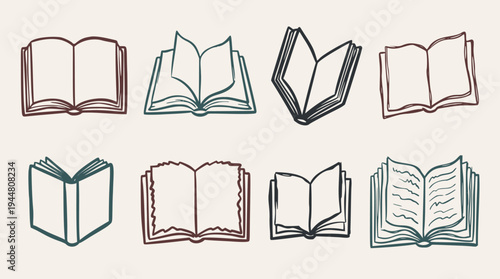 A collection of various open books in a quick, simple, and loose doodle vector graphic style, perfect for illustrating themes of reading, education, or learning resources