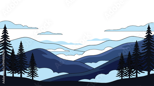 Majestic Pine Trees Silhouetted Against a Serene Mountain Landscape.