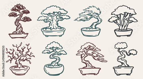 A collection of quick, simple, and loose doodle vector illustrations showcasing various styles of potted bonsai trees on a light background