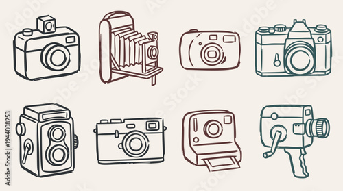 A diverse collection of vintage and modern cameras rendered in a quick, simple, loose hand-drawn doodle sketch style, perfect for retro design