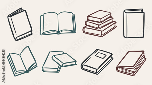 Collection of hand-drawn vector doodle illustrations featuring various books, both open and closed, in a quick, simple, and loose sketch style