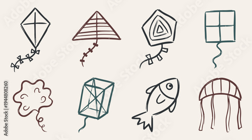 A collection of quick, simple, and loose hand-drawn doodle vector illustrations featuring various stylized kites and abstract shapes, perfect for playful designs