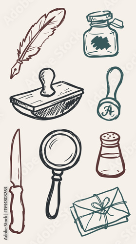 Hand-drawn vector doodle collection of vintage writing desk essentials in a quick, simple, and loose sketchy style, perfect for retro stationery designs