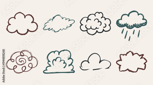 A collection of quick, simple, and loose hand-drawn cloud doodles in various shapes and colors, perfect for weather graphics or decorative elements