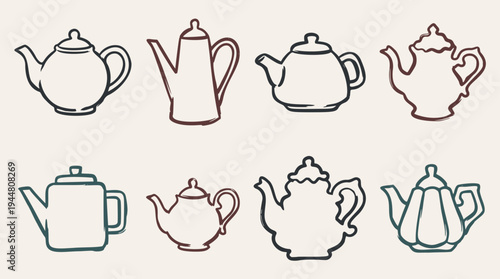 A delightful collection of quick, simple, and loose hand-drawn doodle vector illustrations featuring various teapots and coffee pots in diverse styles