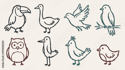 A delightful collection of hand-drawn vector bird doodles, featuring various species in a simple, loose sketch style perfect for playful designs
