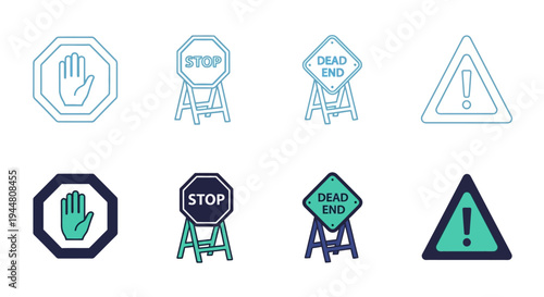 Collection of traffic signs, including stop, dead end, and warning signs, in both outline and solid styles